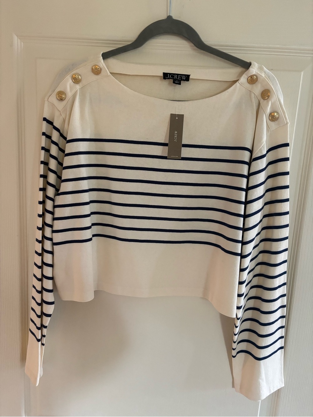 J. Crew White and Navy Striped Long-Sleeve Boatneck Top with Gold Buttons